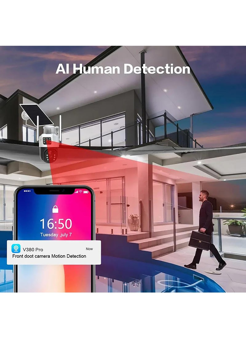 كاميرا مراقبة واي فاي تعمل بالطاقة الشمسية بدقة 6MP مع عدستين، بطارية 8000mAh، مقاومة للماء IP66، كشف ذكي للبشر، تتبع تلقائي، صوت ثنائي الاتجاه، ورؤية ليلية ملونة (بدون بطاقة SD)