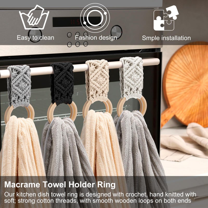 Tioncy 4 Pcs Kitchen Dish Towel Holder Mother's Day Gifts Boho Handmade Crochet Hanging Towels Loop Ring Knit Towel Hanger for Cabinet House Oven Stove Door, 4 Colors(Gray) - Image 3