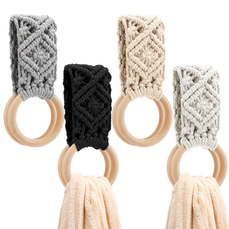 Tioncy 4 Pcs Kitchen Dish Towel Holder Mother's Day Gifts Boho Handmade Crochet Hanging Towels Loop Ring Knit Towel Hanger for Cabinet House Oven Stove Door, 4 Colors(Gray) - Image 1
