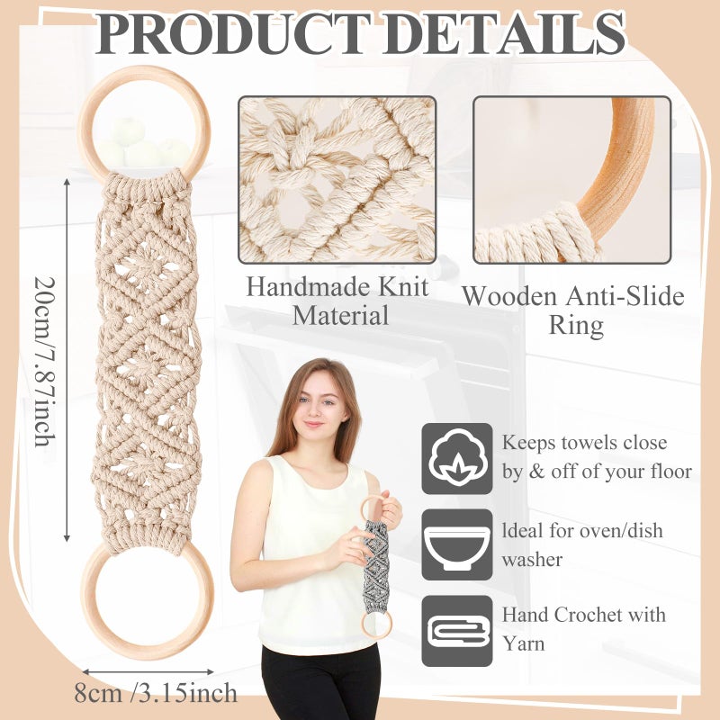 Tioncy 4 Pcs Kitchen Dish Towel Holder Mother's Day Gifts Boho Handmade Crochet Hanging Towels Loop Ring Knit Towel Hanger for Cabinet House Oven Stove Door, 4 Colors(Gray) - Image 2
