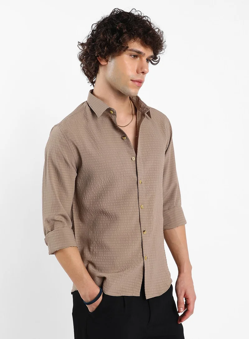 Campus Sutra  Men's Buff Beige Ruche-Textured Shirt for Men | Best Price UAE