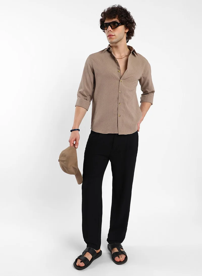 Campus Sutra  Men's Buff Beige Ruche-Textured Shirt for Men | Best Price UAE