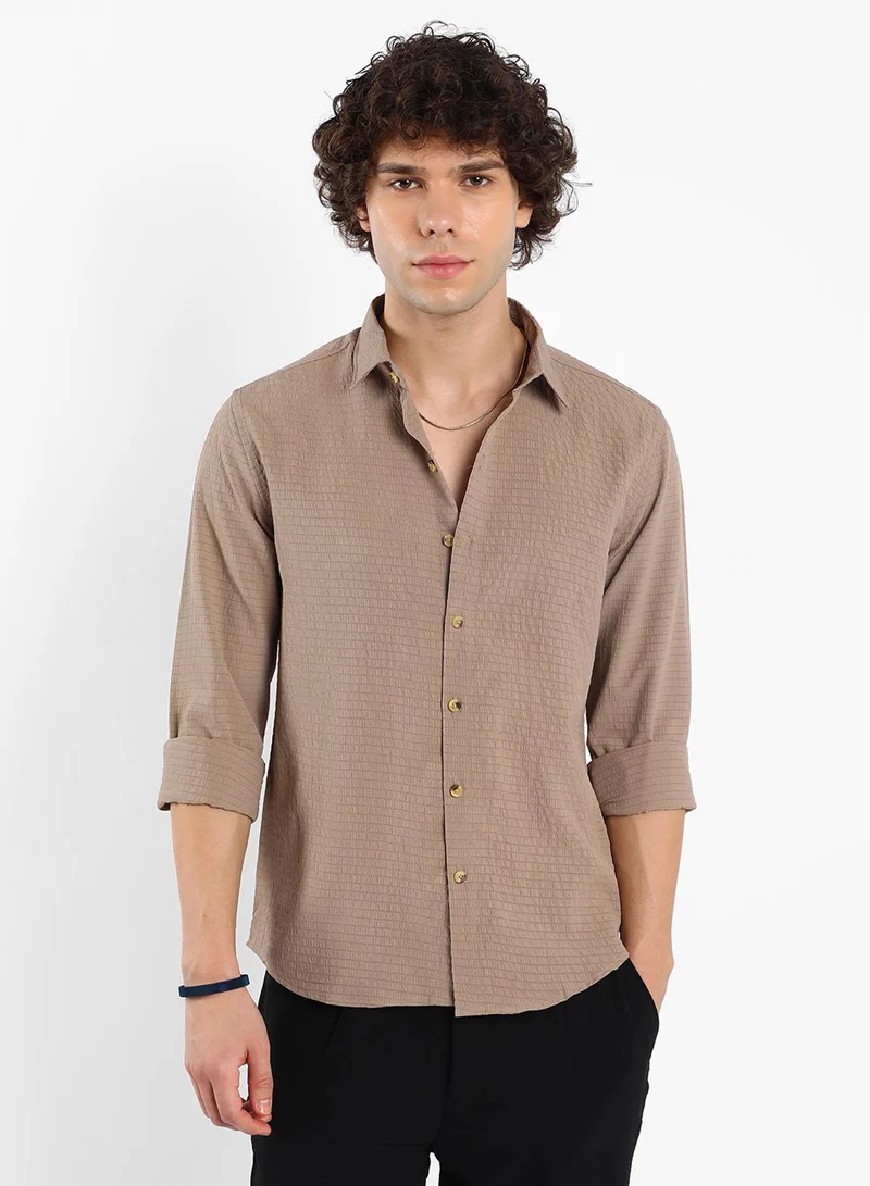 Campus Sutra Men's Buff Beige Ruche-Textured Shirt