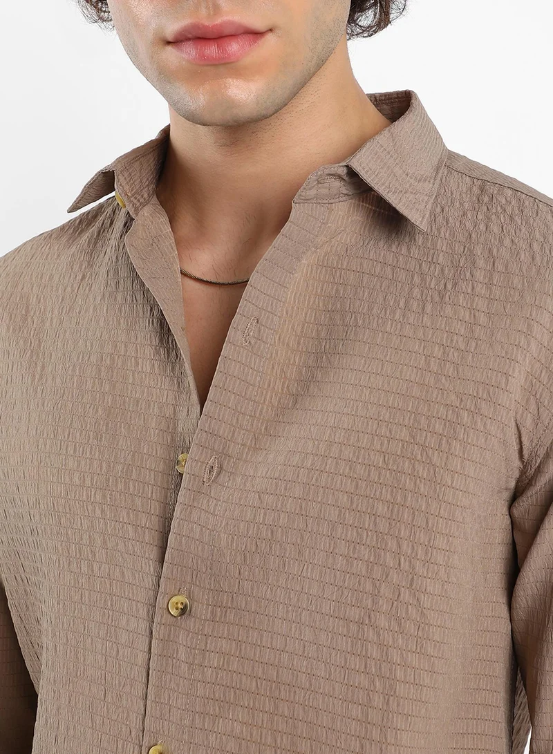 Campus Sutra  Men's Buff Beige Ruche-Textured Shirt for Men | Best Price UAE