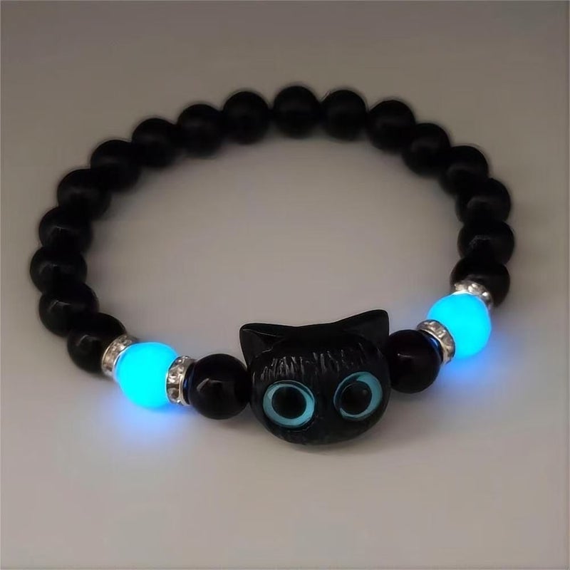 Glow‑in‑the‑Dark Cat Handmade Bracelet for Students and Daily Wear - Black Glow-in-the-Dark Cat Bracelet