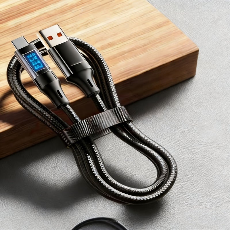 Black Braided Data Cable Smart Digital Display Compatible iPhone Samsung Huawei Honor - Image 1