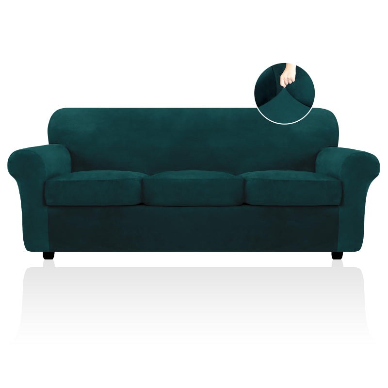 FestiCorp Velvet Sofa Covers for 3 Seat Cushion Couch Sofa Slipcovers Stretch 4 Piece Couch Cover Thick Furniture Covers for Dogs Pets Sofa Emerrald Green