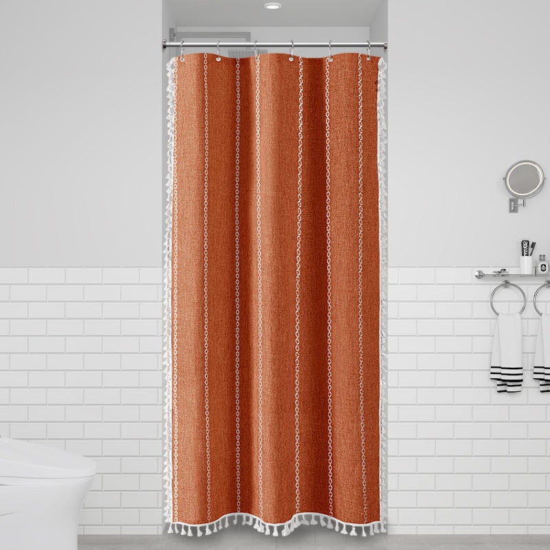 BTTN BTTN Boho Shower Stall Curtain - 36x72 Narrow Linen Ultra Thick Striped Tassel Fabric Shower Curtain Set with 6 Hook  Half Modern Farmhouse Cottage Weighted Shower Curtains for Bathroom - Burnt Orange - Image 1
