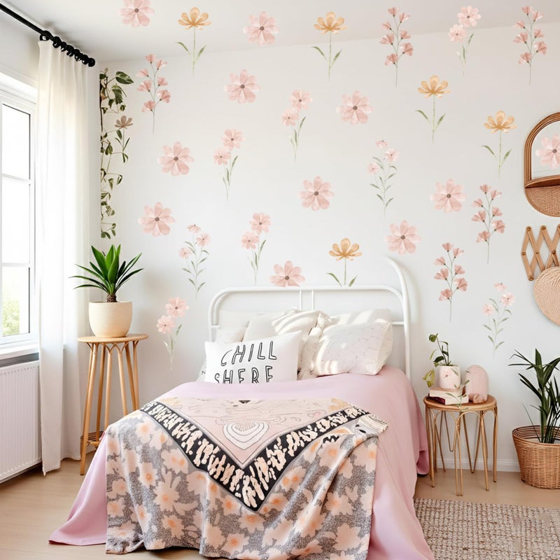 Finduat 48 PCS Boho Flower Stickers Daisy Wall Decals for Girls' Rooms, Playrooms, and Nurseries Dual Layer Print for High Coverage Removable Peel and Stick Wall Decor - Image 5