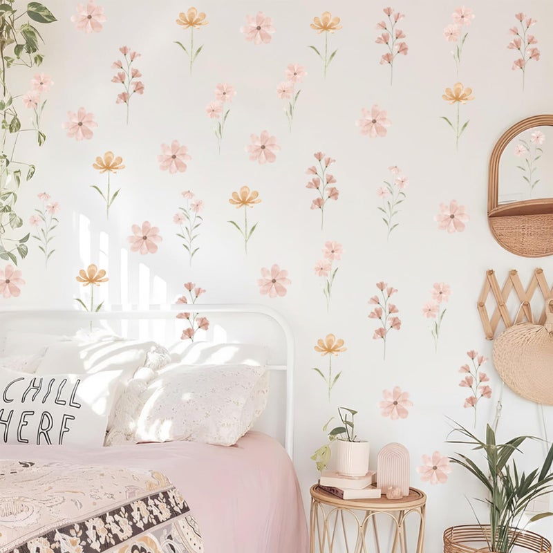 Finduat 48 PCS Boho Flower Stickers Daisy Wall Decals for Girls' Rooms, Playrooms, and Nurseries Dual Layer Print for High Coverage Removable Peel and Stick Wall Decor - Image 1