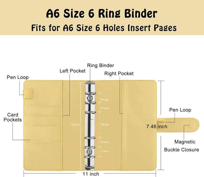 Antner A6 Binder 6 Ring Refillable Notebook Planner Cover for A6 Refill Paper, PU Leather Loose Leaf Personal Budget Planner Money Organizer Binder with Magnetic Buckle Closure, Yellow - Image 2