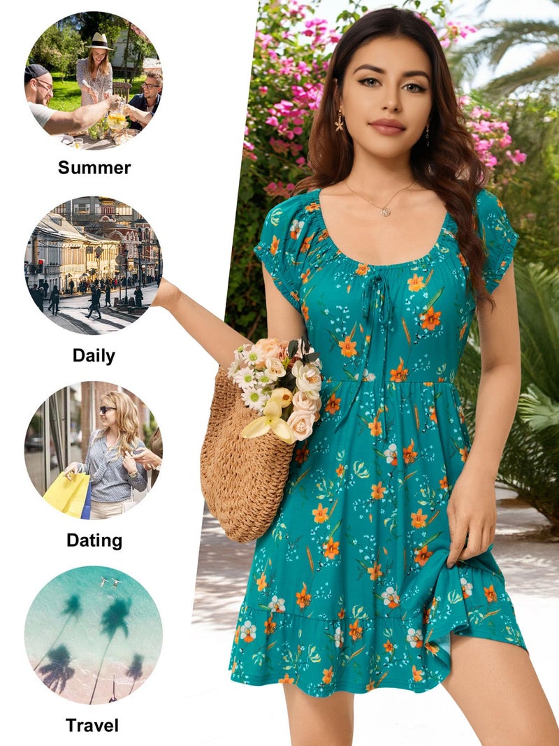 HUHOT Mini Summer Sundress Vestidos De Verano para Mujer 2026 2025 Western Sun Dress Teens Green Floral Fit and Flare Vera Petite Ruffle Over 50 Flower Casual Women Spring with Pockets - Image 5