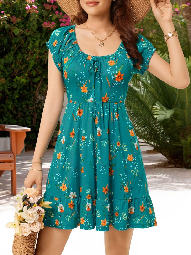 HUHOT Mini Summer Sundress Vestidos De Verano para Mujer 2026 2025 Western Sun Dress Teens Green Floral Fit and Flare Vera Petite Ruffle Over 50 Flower Casual Women Spring with Pockets - Image 2