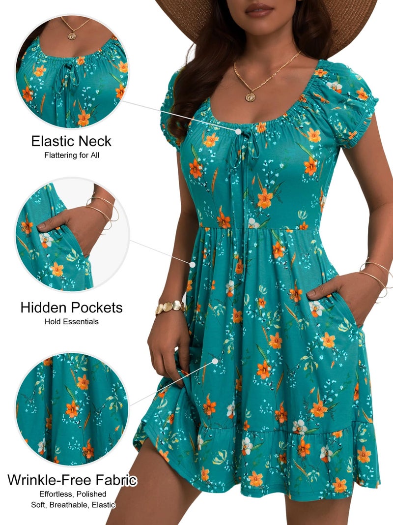 HUHOT Mini Summer Sundress Vestidos De Verano para Mujer 2026 2025 Western Sun Dress Teens Green Floral Fit and Flare Vera Petite Ruffle Over 50 Flower Casual Women Spring with Pockets - Image 4