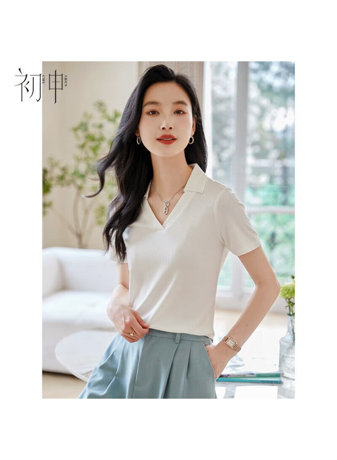 First Application Chushen Summer Short Sleeve T-shirt Women's Korean Slim Fit Waffle V-neck Lapel Half Sleeve Top S13kt1367 - Image 2