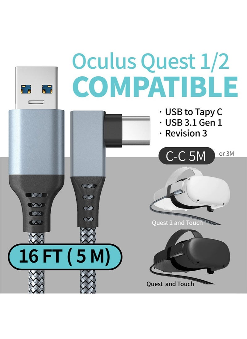 كابل وصلة بطول 16 قدم متوافق مع ملحقات Oculus/Meta Quest 3/2 وPC/Steam VR، سلك نقل بيانات USB 3.1 إلى USB C، كابل VR عالي السرعة 5 جيجابت في الثانية لسماعات الرأس وأجهزة الكمبيوتر المخصصة للألعاب، رمادي