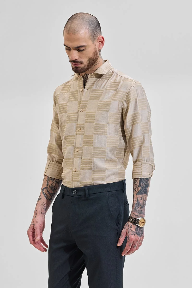 SNITCH Beige Self-Design Slim Fit Shirt