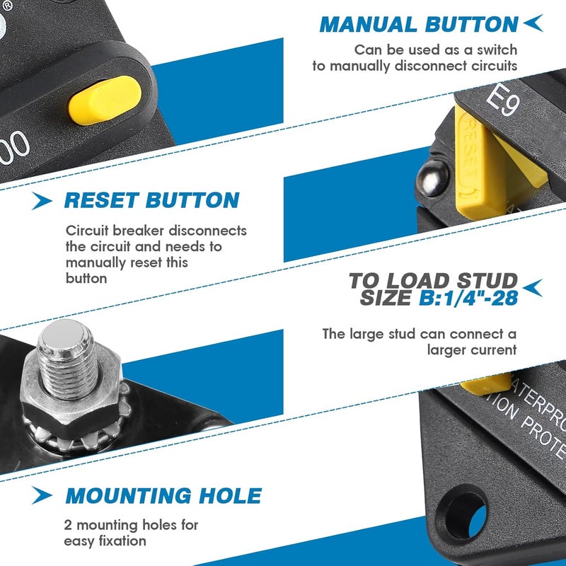 GLOSO E96 Panel Mount Waterproof IP67 Marine Auto Truck Hi-Amp Circuit Breaker (175A) - Image 4