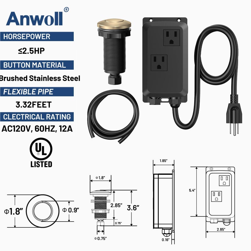 Anwoll Garbage Disposal Air Switch Kit -Professional, Dual Outlet Sink Top Waste Disposer On/Off, Air Switch Button, UL Listed, Long/3.6â€œ, Champagne Bronze - Image 2