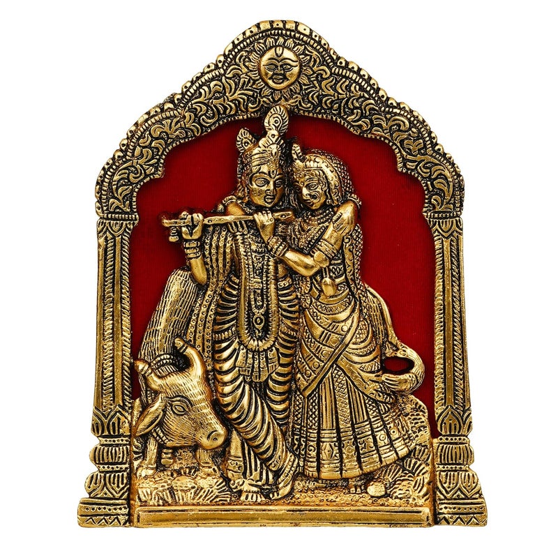 Webelkart Premium Metal Radha Krishna Idol Statue Wall Hanging for Home and Office Decor Radha Krishna murti for Home Decor 7 x 8 Inches Gold - Image 2
