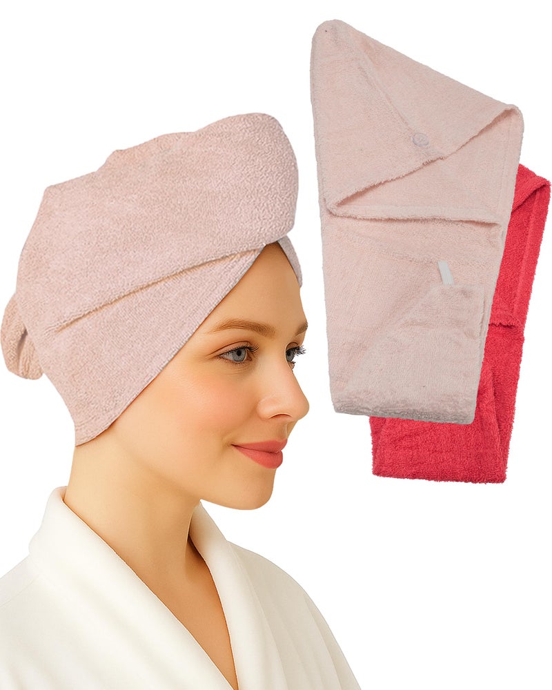 Textila Stores Textila 100% Cotton Hair Wrap Towels for Women (Pack of 2, Raspberry & Pink) â€“ Soft & Absorbent Turban Towels for Long, Curly, Frizz-Prone Hair - Image 1