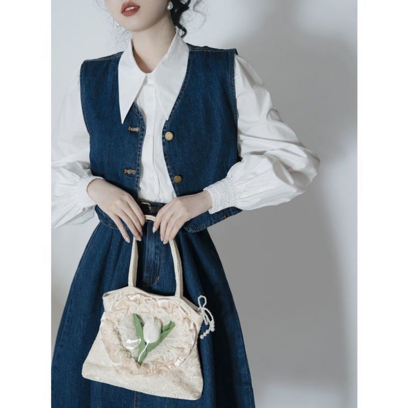 Retro Hong Kong Style Womens Outfit Spring Autumn French Shirt Vest Skirt Set White shirt + vest + skirt high quality fabric