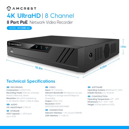 Amcrest 4K Security Camera System w/ 4K (8MP) 8CH PoE NVR, (4) x 8-Megapixel IP67 Weatherproof Metal Bullet POE IP Cameras, Pre-Installed 2TB Hard Drive, NV4108E-IP8M-2496EW4-2TB (White) - Image 5
