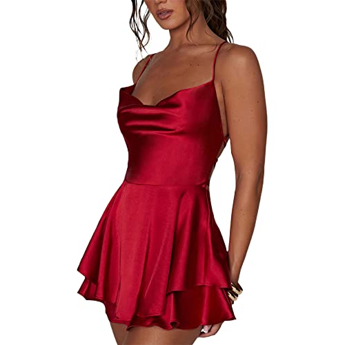 LouVasabuce Women Sexy Backless Short Romper Satin Dress Cowl Neck Tie Ruffle Layer Spaghetti Strap Jumpsuit Mini Dress - Image 2