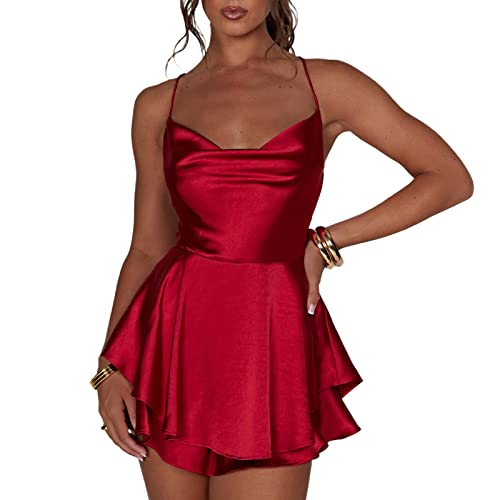 LouVasabuce Women Sexy Backless Short Romper Satin Dress Cowl Neck Tie Ruffle Layer Spaghetti Strap Jumpsuit Mini Dress - Image 1