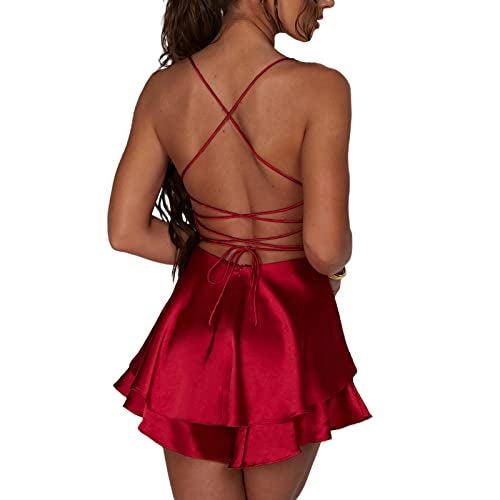 LouVasabuce Women Sexy Backless Short Romper Satin Dress Cowl Neck Tie Ruffle Layer Spaghetti Strap Jumpsuit Mini Dress - Image 3