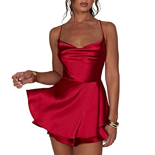 LouVasabuce Women Sexy Backless Short Romper Satin Dress Cowl Neck Tie Ruffle Layer Spaghetti Strap Jumpsuit Mini Dress - Image 4
