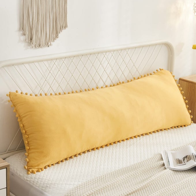 YELLOW BODY PILLOW COVER BOHO BODY PILLOW COVER GINGER YELLOW POM POMS FRINGE DESIGN BODY PILLOWCASES 20X54 INCHES DECORATIVE LONG PILLOW COVERBODYYELLOW