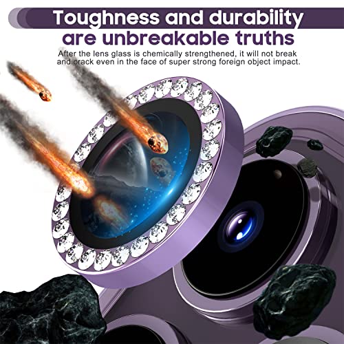 Suoman for iPhone 14 Pro Max 14 Pro Camera Lens Protector Diamonds Bling 9H Tempered Glass Full Coverage Metal Protective Cover Diamond Purple - Image 3