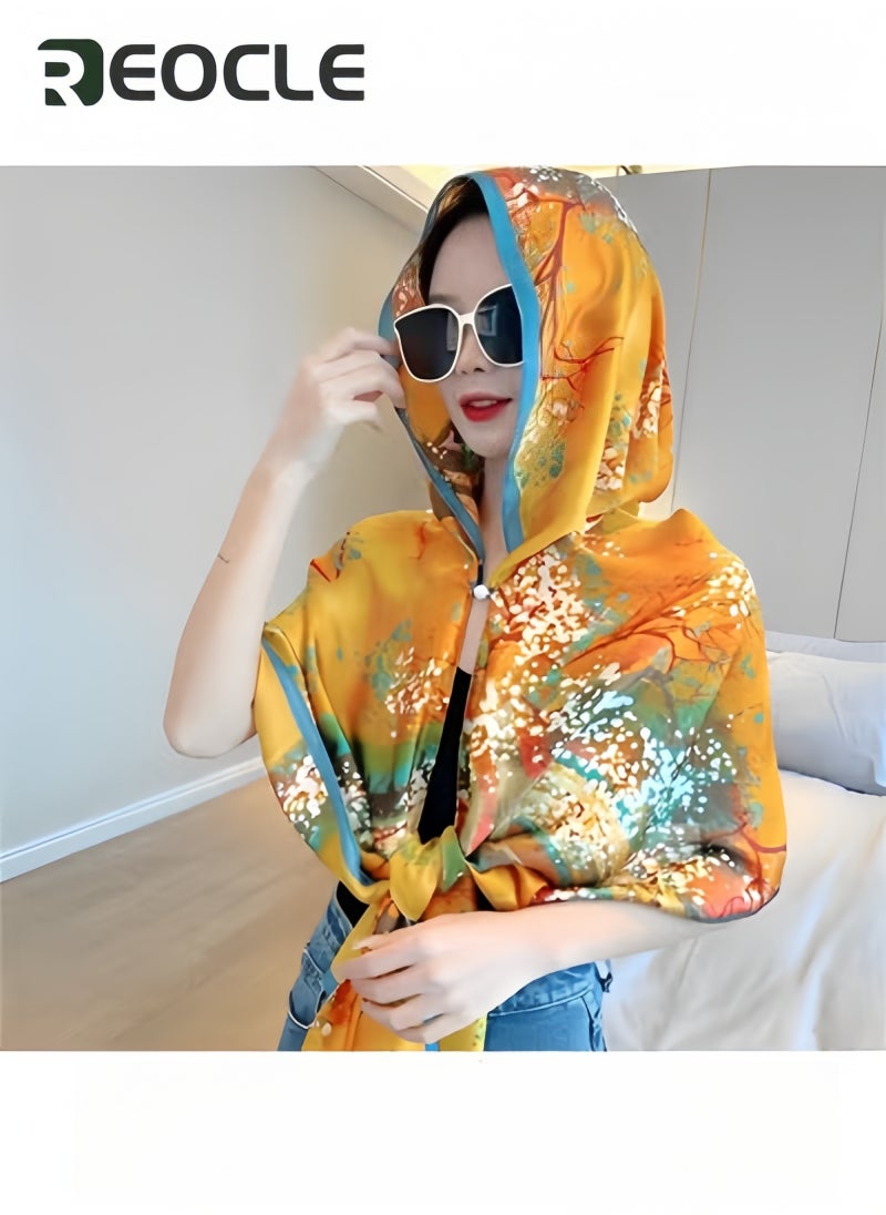 REOCLE Women's Hooded Cape Hooded Shawl Sun Hat Scarf with Magnetic Buckle & Fashion Print Sun Protection Shawl for Spring Autumn Summer  - Image 5