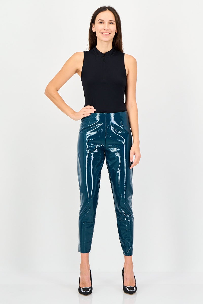Juicy Couture Women Full Length Solid Leather Leggings, Teal Blue - Image 4