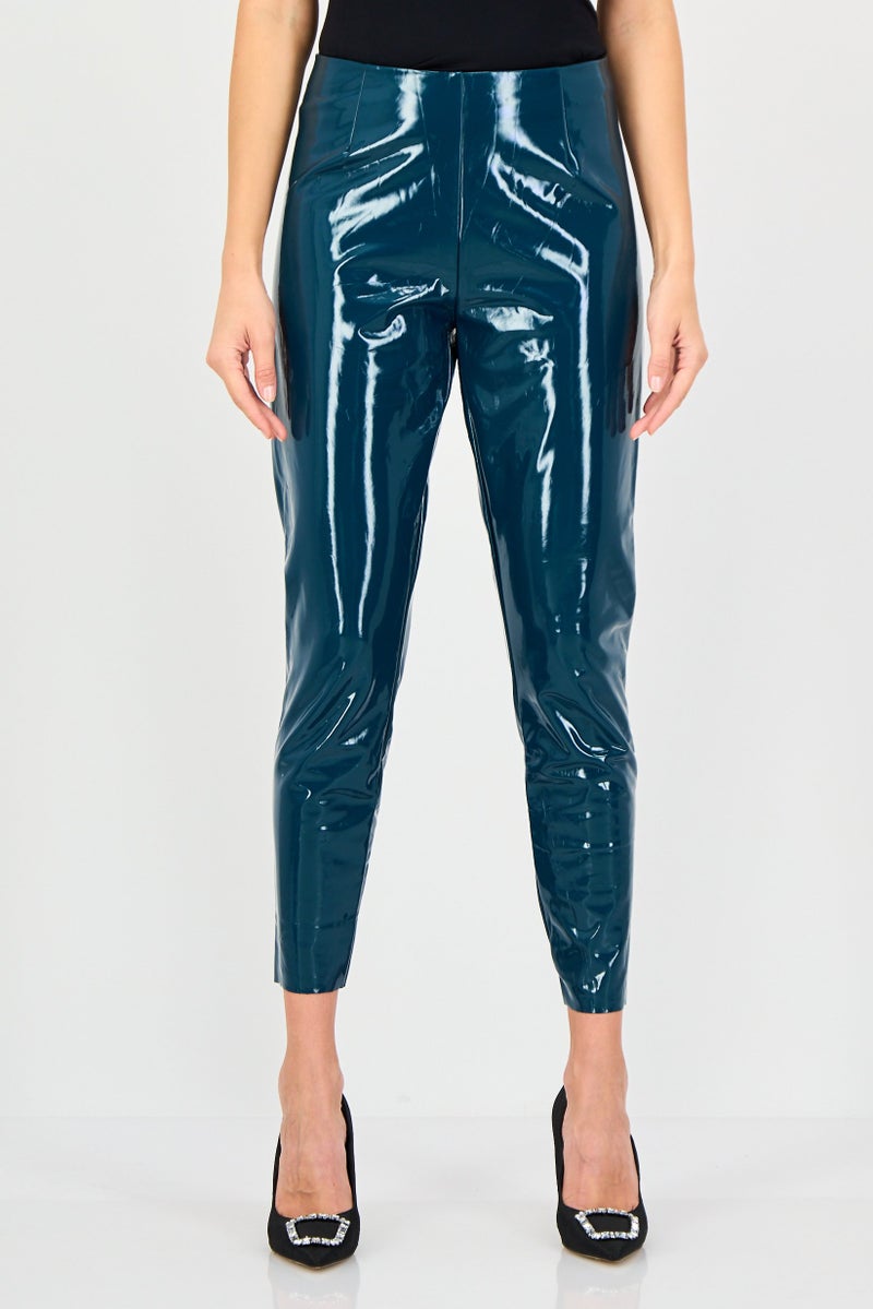 Juicy Couture Women Full Length Solid Leather Leggings, Teal Blue - Image 1