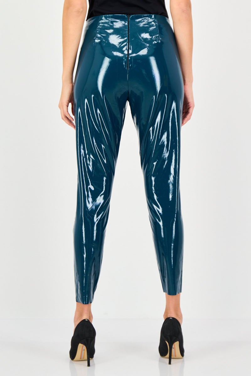 Juicy Couture Women Full Length Solid Leather Leggings, Teal Blue - Image 3