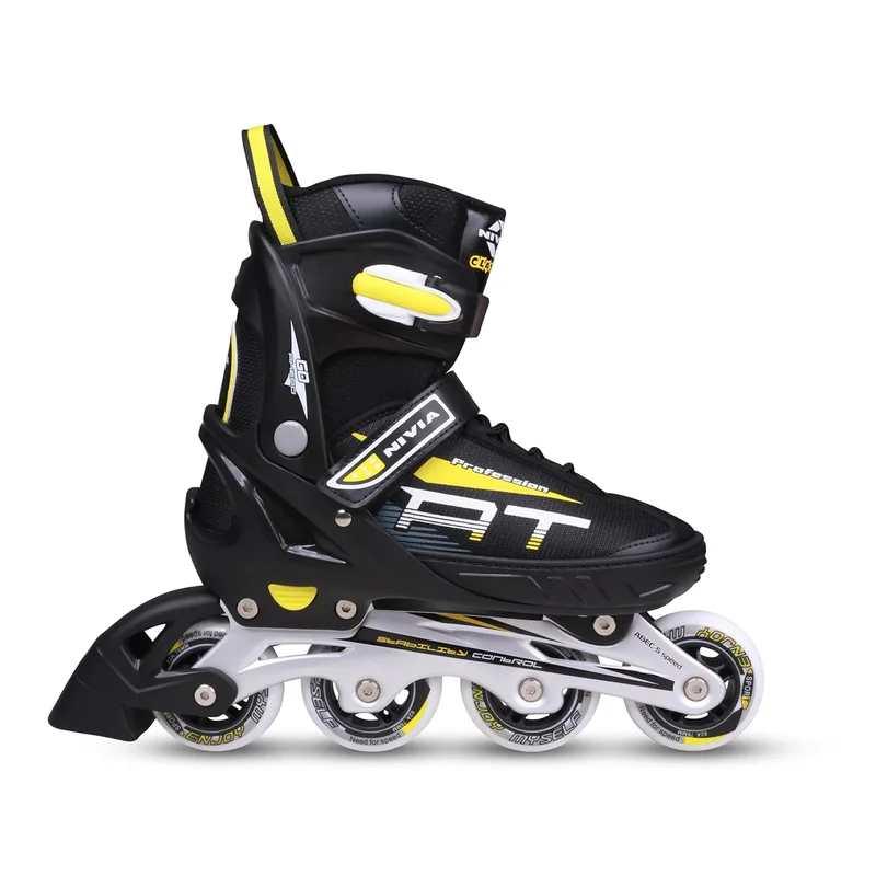 نيفيا Nivia Classic Adjustable Inline Skates for Unisex Adults - Black/Yellow with 76mm Wheels