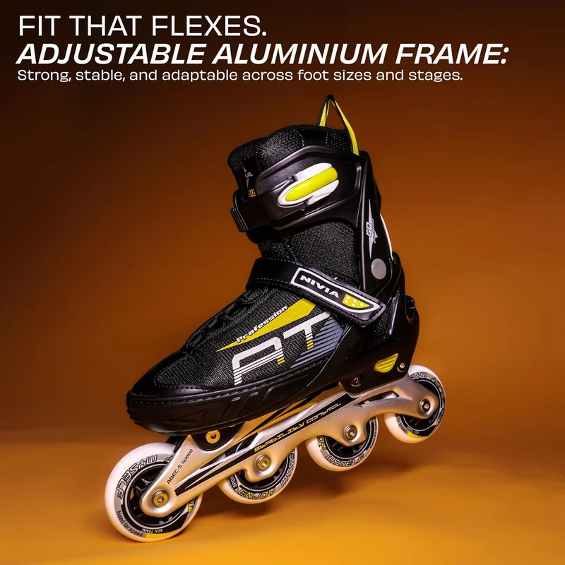 نيفيا Nivia Classic Adjustable Inline Skates for Unisex Adults - Black/Yellow with 76mm Wheels