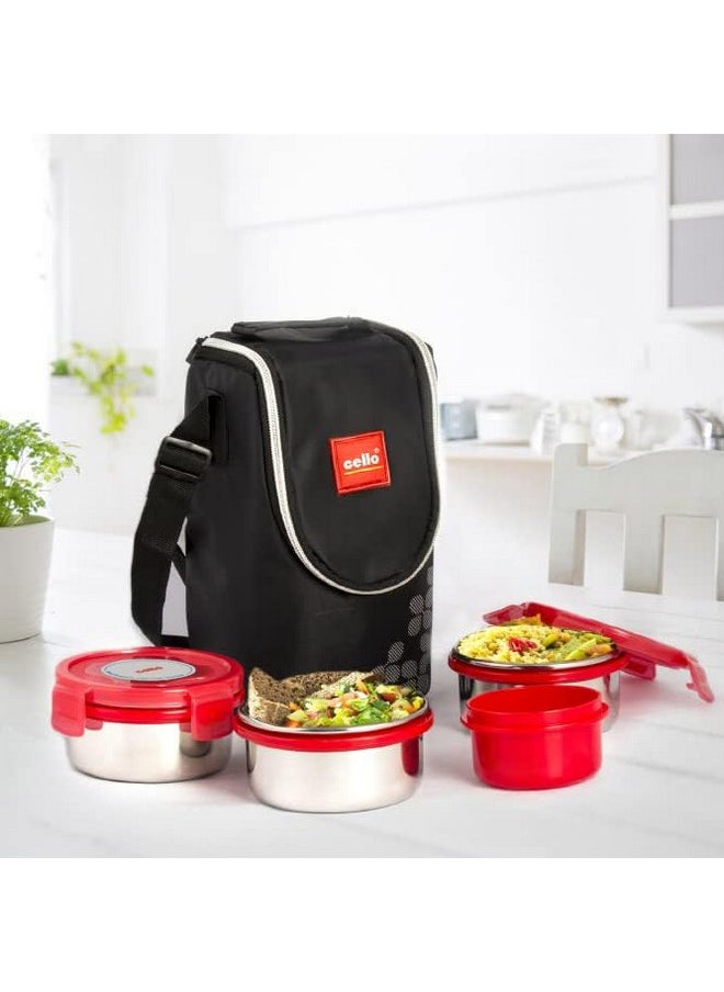 Cello - CELLO MF Click Stainless Steel Leakproof Lunch Box Set with Bag, 4 Containers - 300ml x 3 & 140ml, Red - Image 1