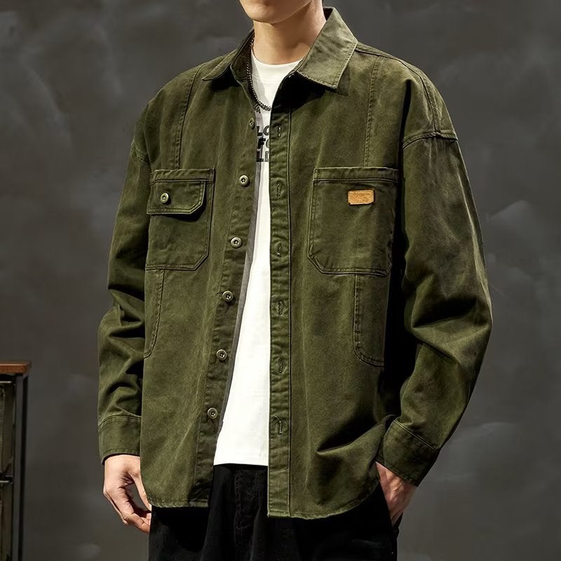 2024 Trendy Workwear American Style Shirt Jacket Men Autumn Winter Green - Image 1
