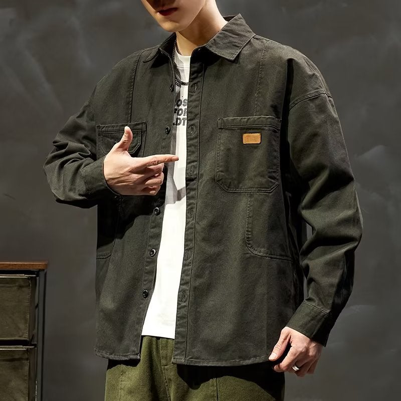 2024 Trendy Workwear American Style Shirt Jacket Men Autumn Winter Green - Image 3
