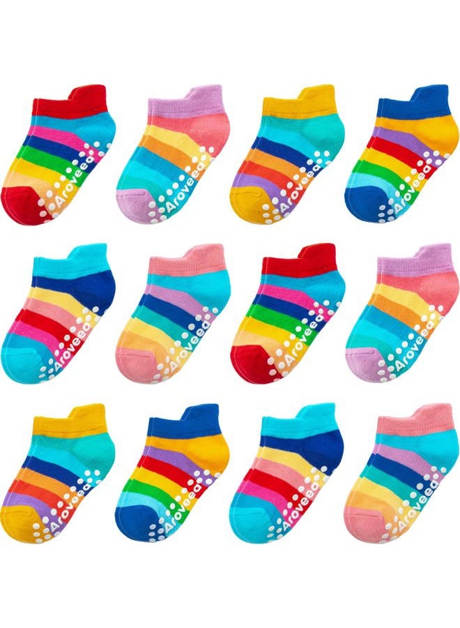 Aroveea Non Slip Grip Ankle Baby Socks 12 Pack for Toddler Boys and Girls Kids,Infant Cute Cotton Baby Socks, Rainbow2, 1-3 years - Image 1