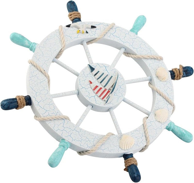 Rienar Nautical Ship Steering Wheel - 11" Diameter Wooden Beach Home Wall Décor With Fishing Net/Shell/Fish/Starfish/Seagull - Image 4