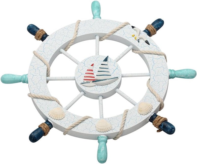 Rienar Nautical Ship Steering Wheel - 11" Diameter Wooden Beach Home Wall Décor With Fishing Net/Shell/Fish/Starfish/Seagull - Image 3