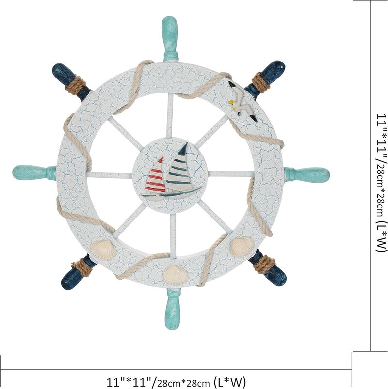 Rienar Nautical Ship Steering Wheel - 11" Diameter Wooden Beach Home Wall Décor With Fishing Net/Shell/Fish/Starfish/Seagull - Image 2