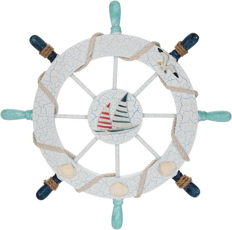 Rienar Nautical Ship Steering Wheel - 11" Diameter Wooden Beach Home Wall Décor With Fishing Net/Shell/Fish/Starfish/Seagull - Image 1