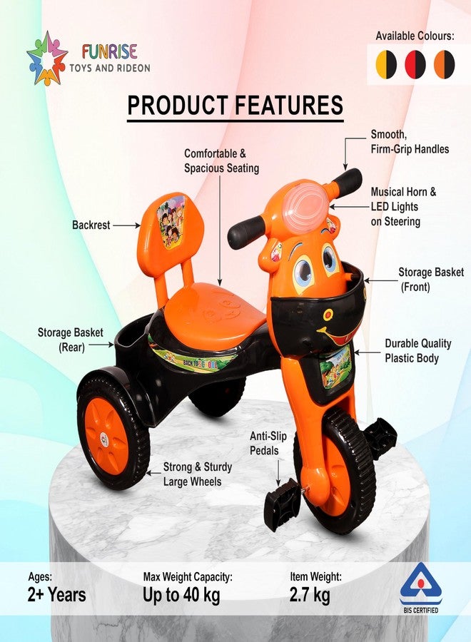 Funrise Baby Tricycle with Musical Horn and led Lights, with 2 Baskets, Comfortable seat and Back Rest, Smooth Wheels,Firm Handle Grip TC 711 (Orange) - Image 2