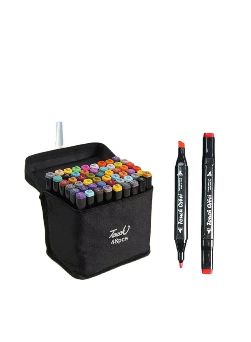 مجموعة أقلام تحديد فنية ذات طرفين للفنانين البالغين للتلوين والرسم باستخدام حبر كحولي - فرشاة وإزميل بطرفين 48 لونًا - Image 2