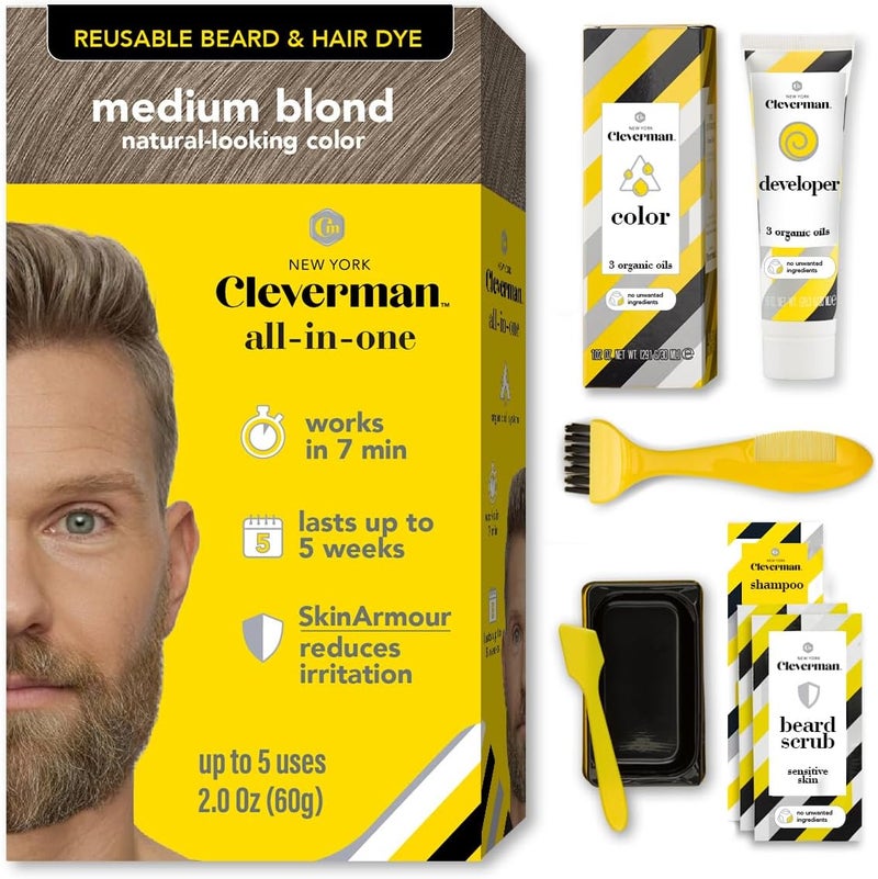 Cleverman Medium Blond Hair & Beard Dye for Men, All-in-One Reusable Kit - Mens Color For Natural-Looking Gray Coverage, Professional-Quality and Ammonia-Free for Hair, Beard & Gray Mustache - Image 1